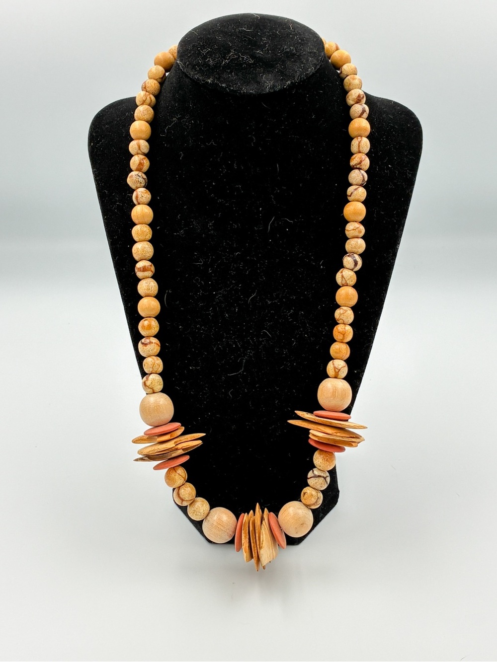 Vintage Chunky Wooden Bead Necklace Large Carved Boho Statement Earth Tone 22"
